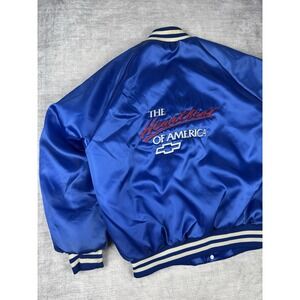 VTG Chevrolet Jacket Mens Large Blue Chevy Heartbeat Of America 80s Satin Bomber